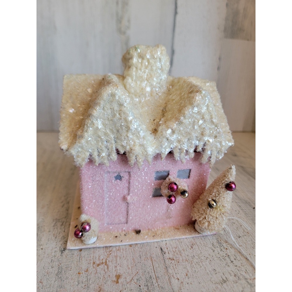 KD vintage light pink snow glitter Village light up house unique Xmas home decor